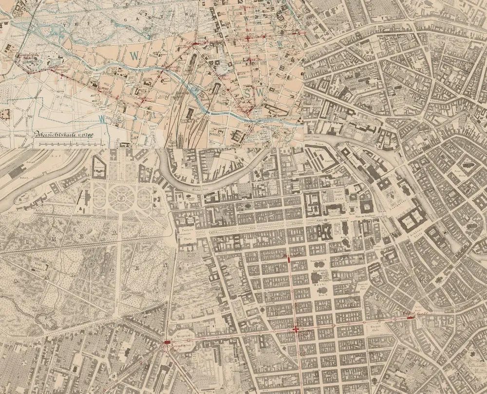 Alte Stadtkarte mit Straßen und Wasserläufen